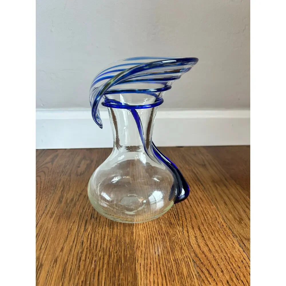 Vintage Blenko Glass Vase Cobalt Blue Applied Swirl Clear Art Glass 7